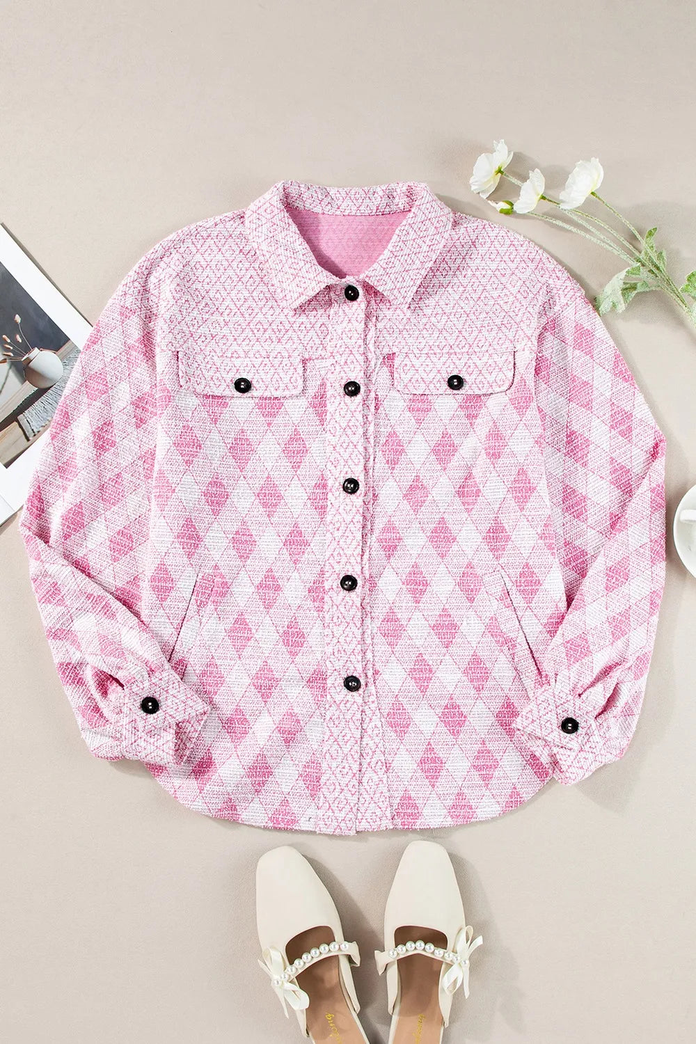 Geometric Print Textured Flap Pocket Shacket