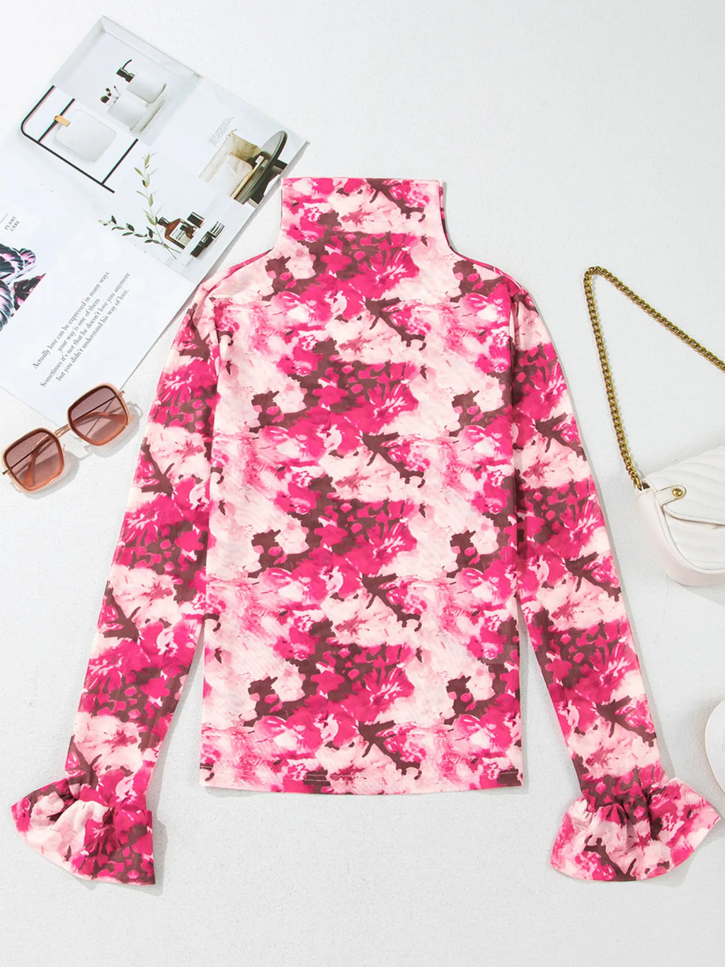 Floral Mesh Flounce Sleeve Mock Neck Blouse