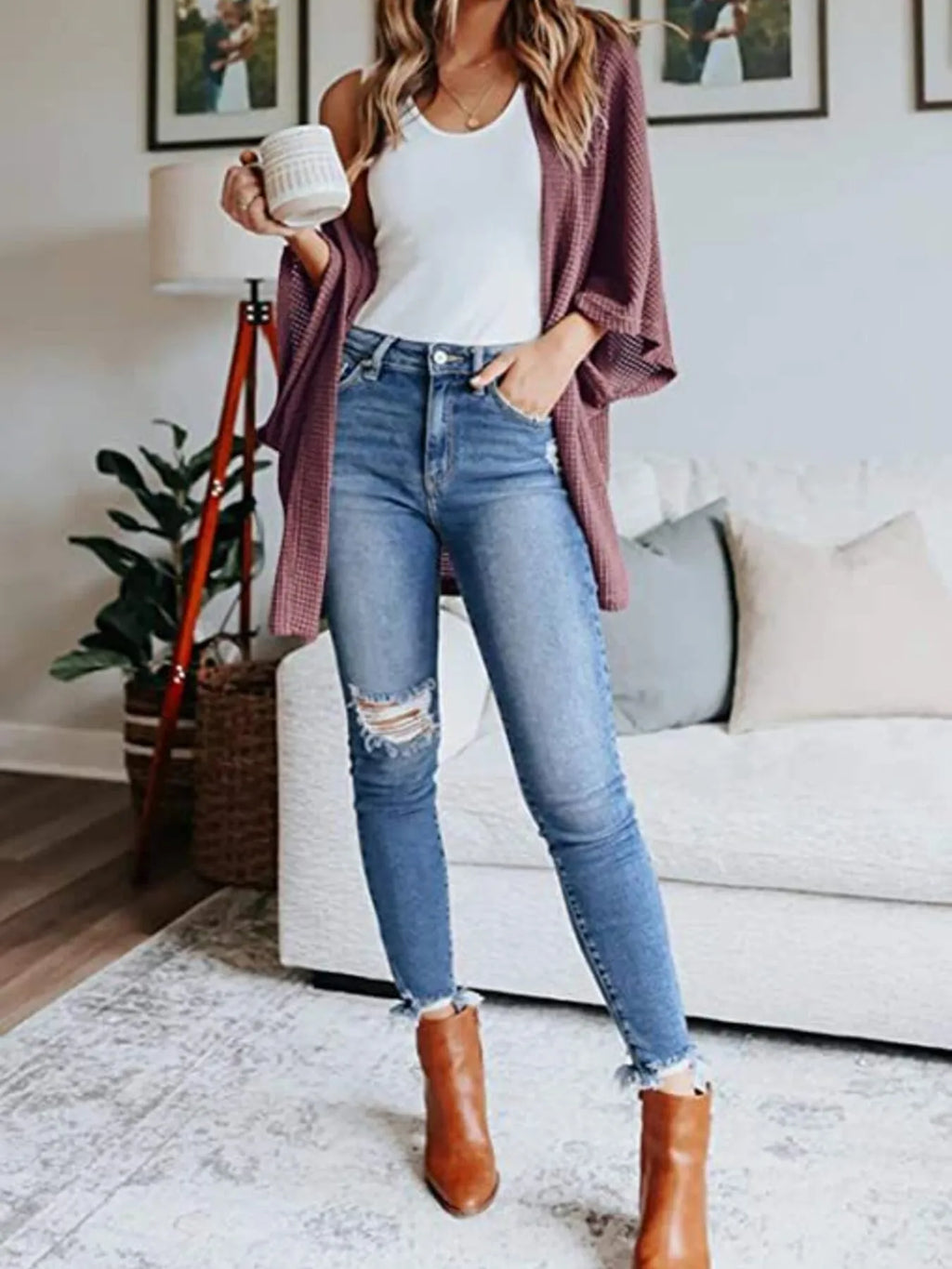 Full Size Open Front Waffle Knit Cardigan Plus Size
