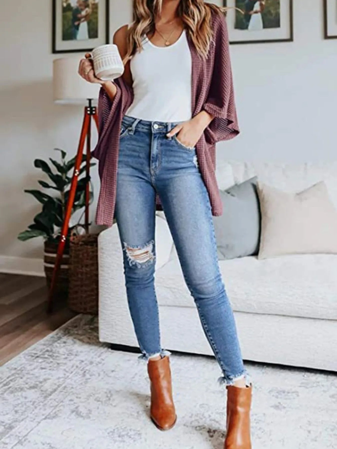Full Size Open Front Waffle Knit Cardigan Plus Size