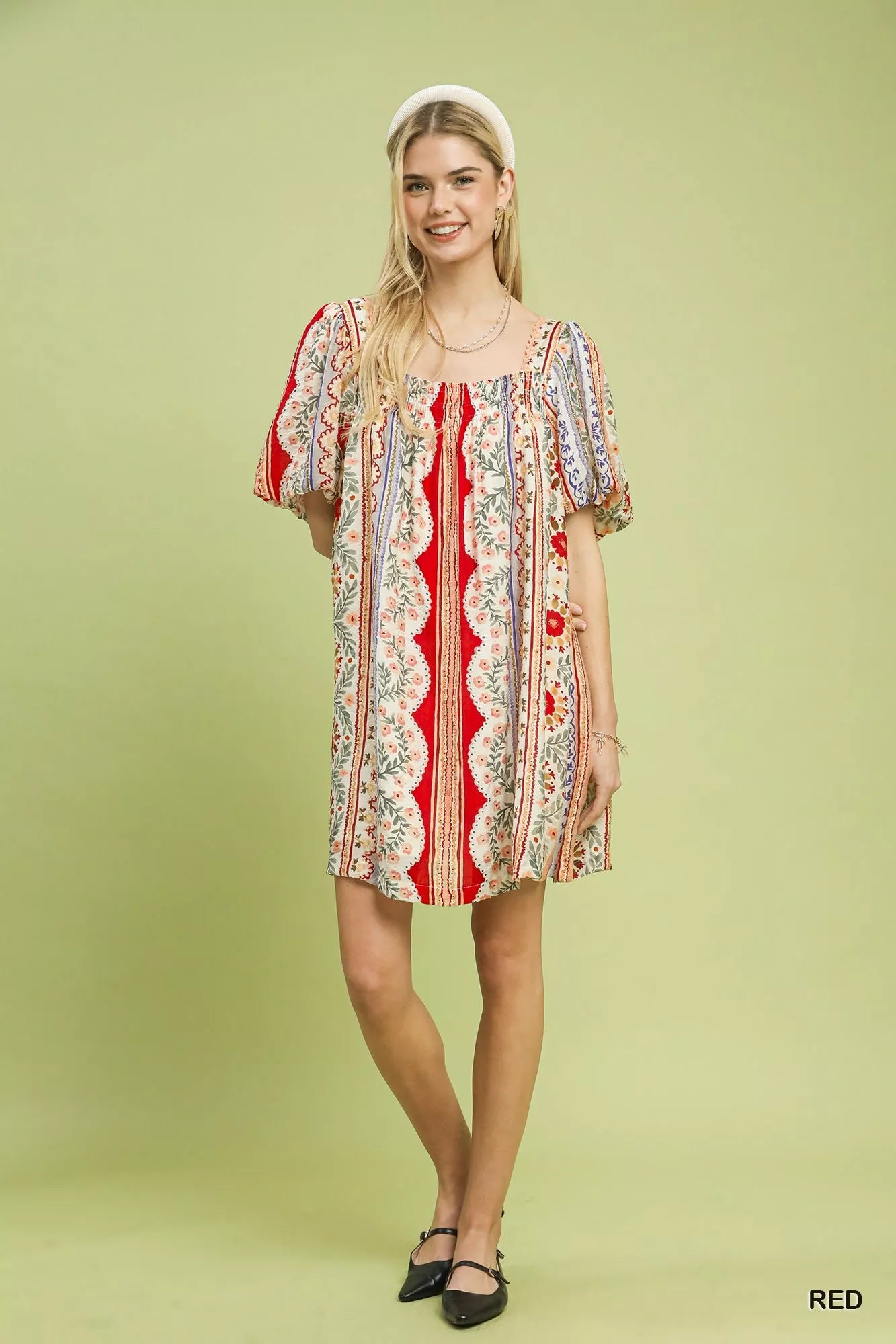 Umgee Mixed Print Puff Sleeve Mini Dress