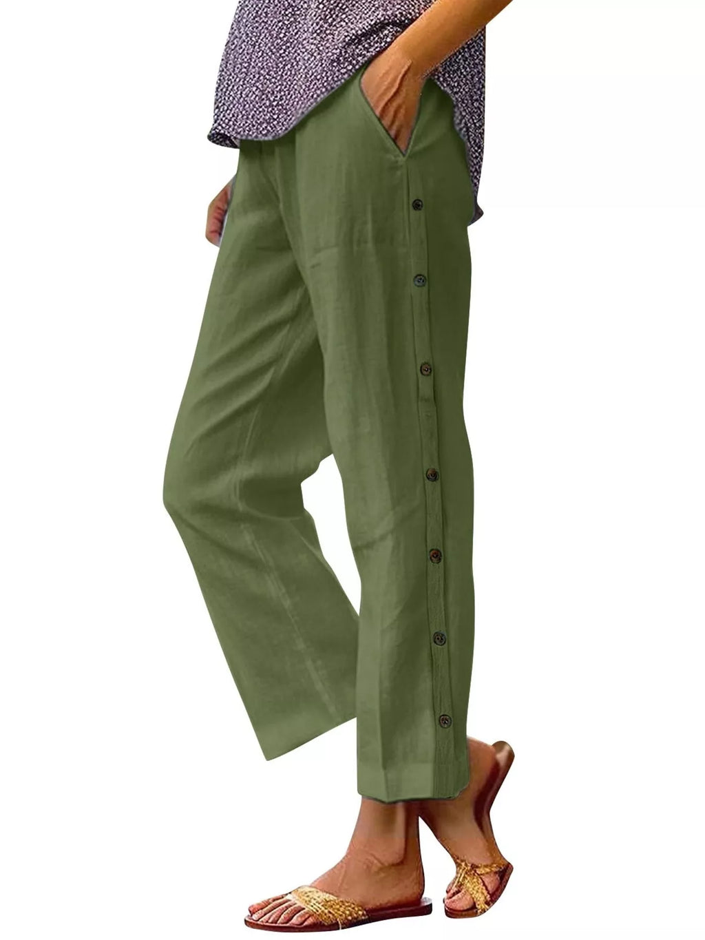 Full Size Side Button Decor Pants Plus Size