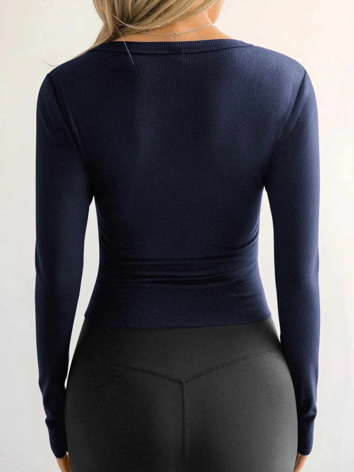 Ribbed V-Neck Long Sleeve T-Shirt
