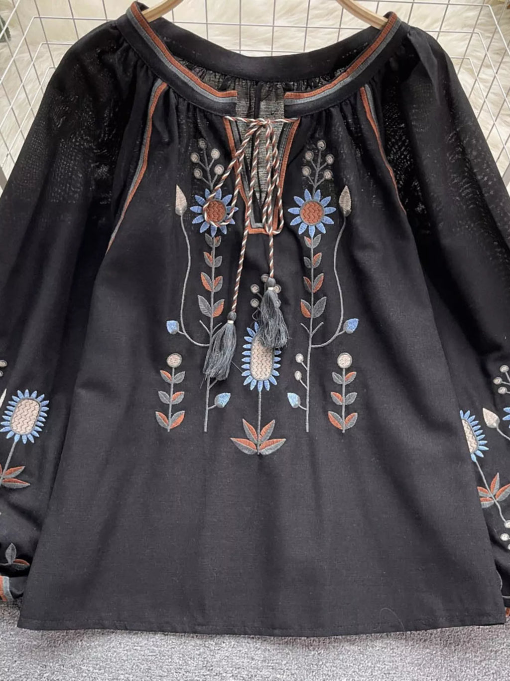 Embroidered Tie Neck Blouse
