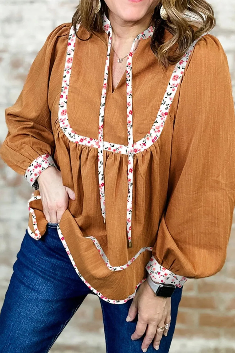 Floral Trim Long Sleeve Blouse