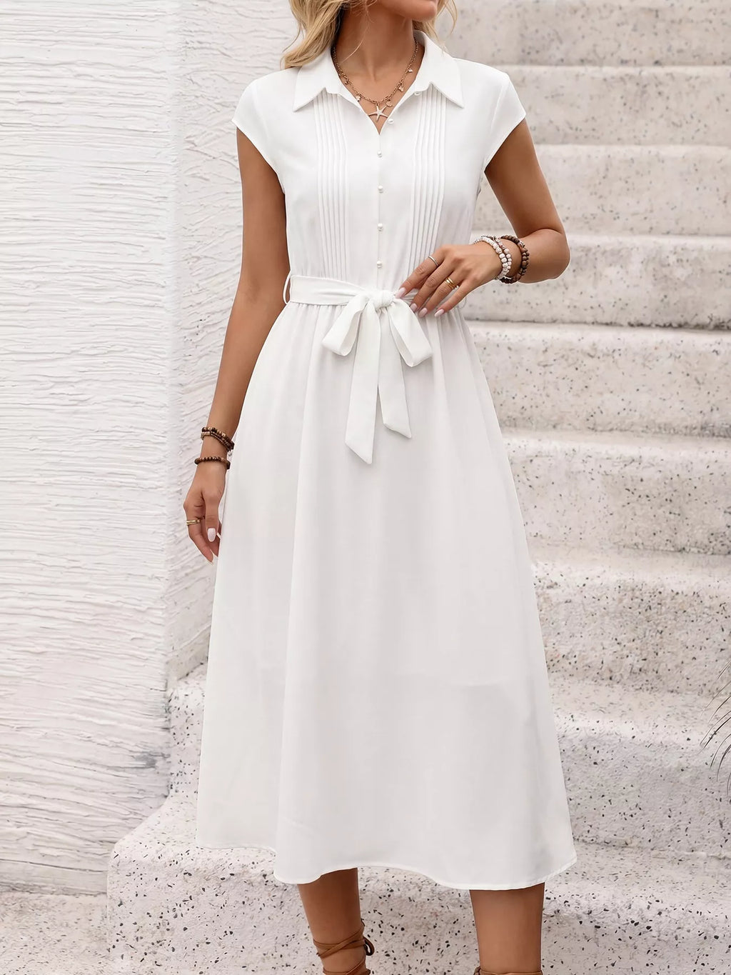 Cap Sleeve Tie Waist Midi Dress