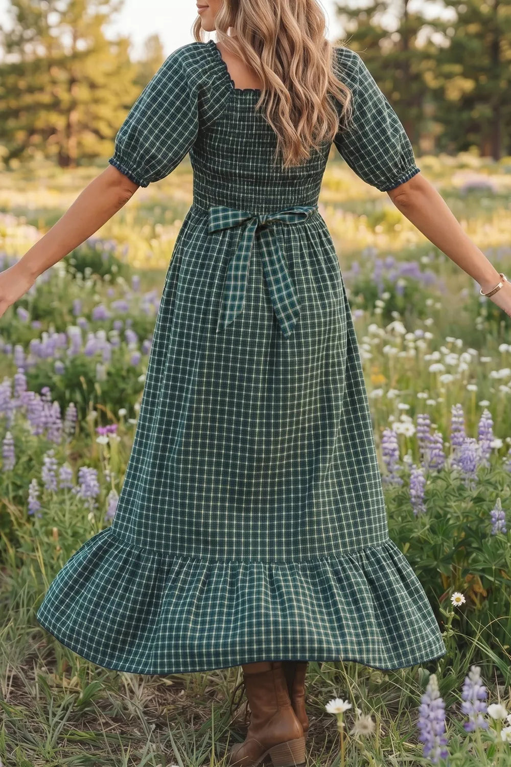 Plaid Square Neck Shirred High Waist Ruffle Hem Maxi Dress