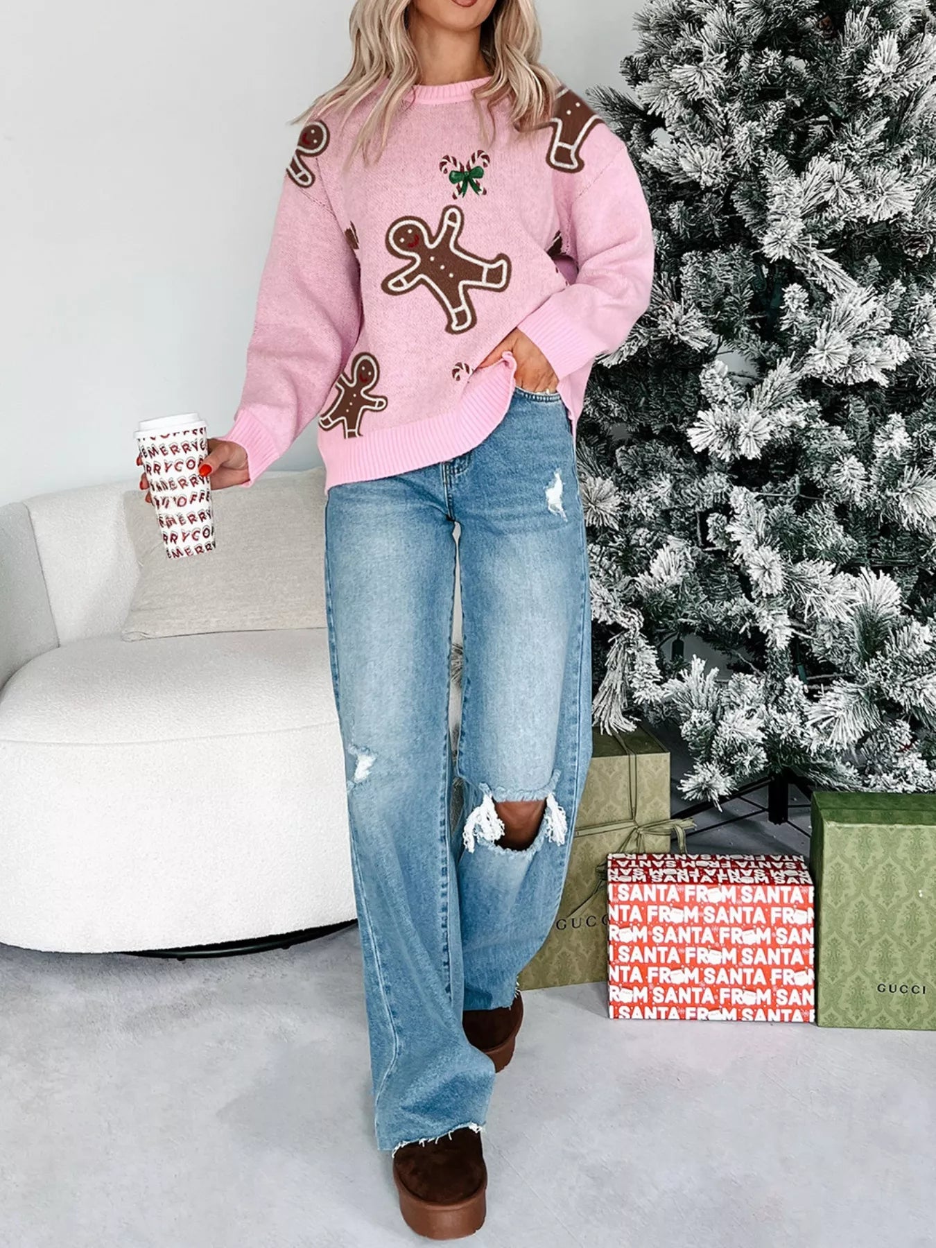Christmas Ginger Bread Man Round Neck Casual Sweater