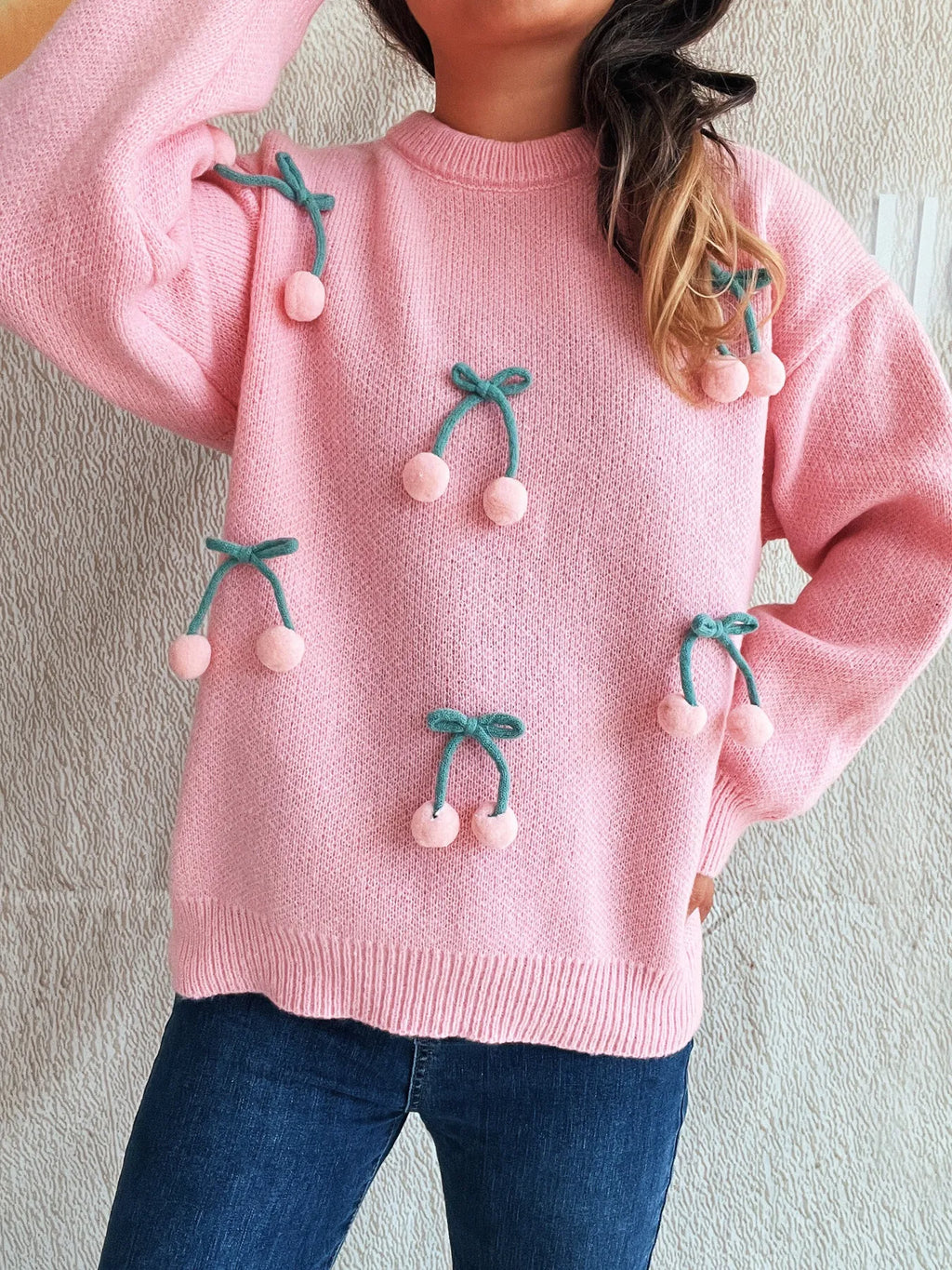 Cherry Round Neck Long Sleeve Sweater