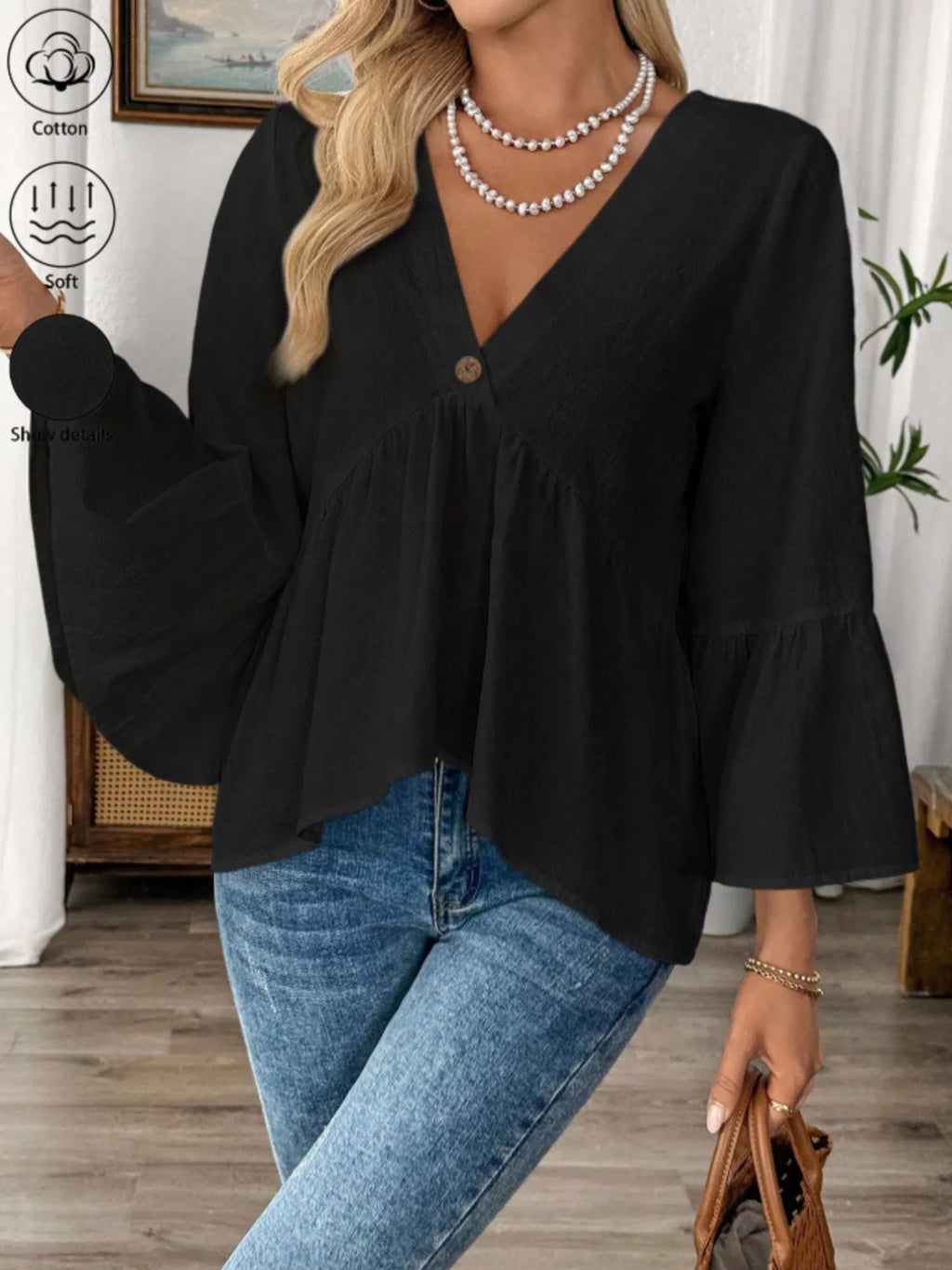 V-Neck Bell Sleeve Blouse