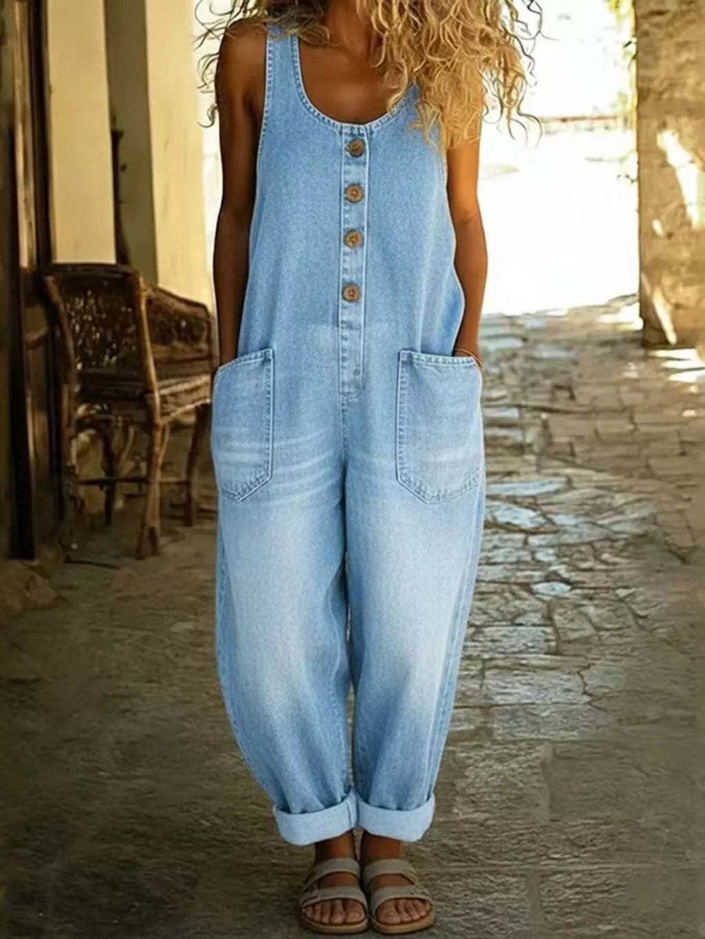 Full Size Button Detail Wide Strap Jumpsuit Plus Size