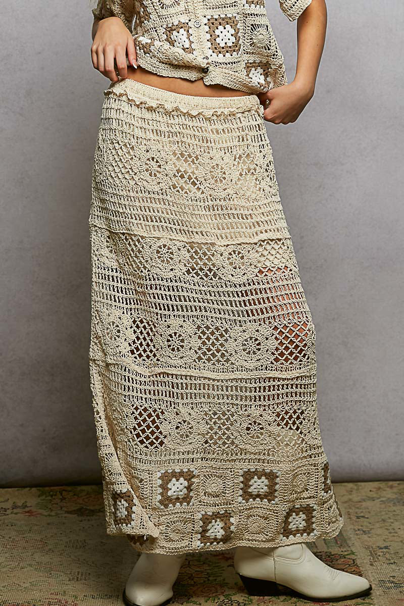 POL Floral Crochet Ruffled Waistband Maxi Skirt with Granny Square Weave