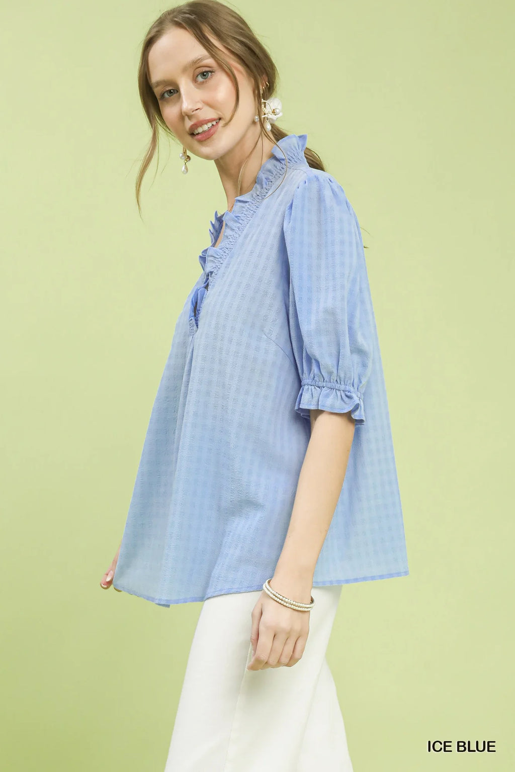 Umgee Textured Check Ruffle V-Neck Blouse
