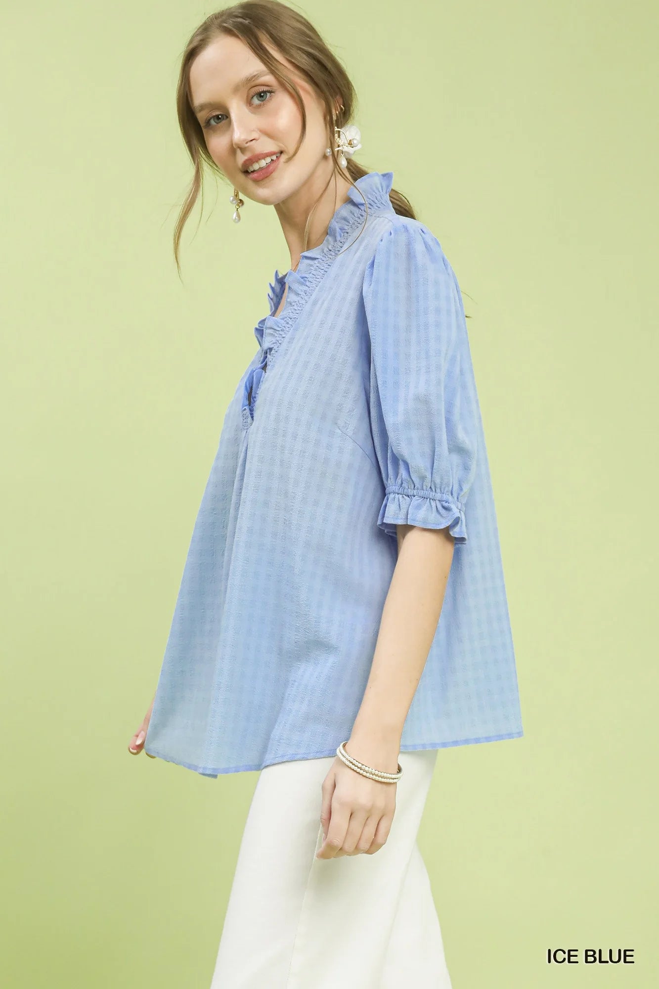 Umgee Textured Check Ruffle V-Neck Blouse