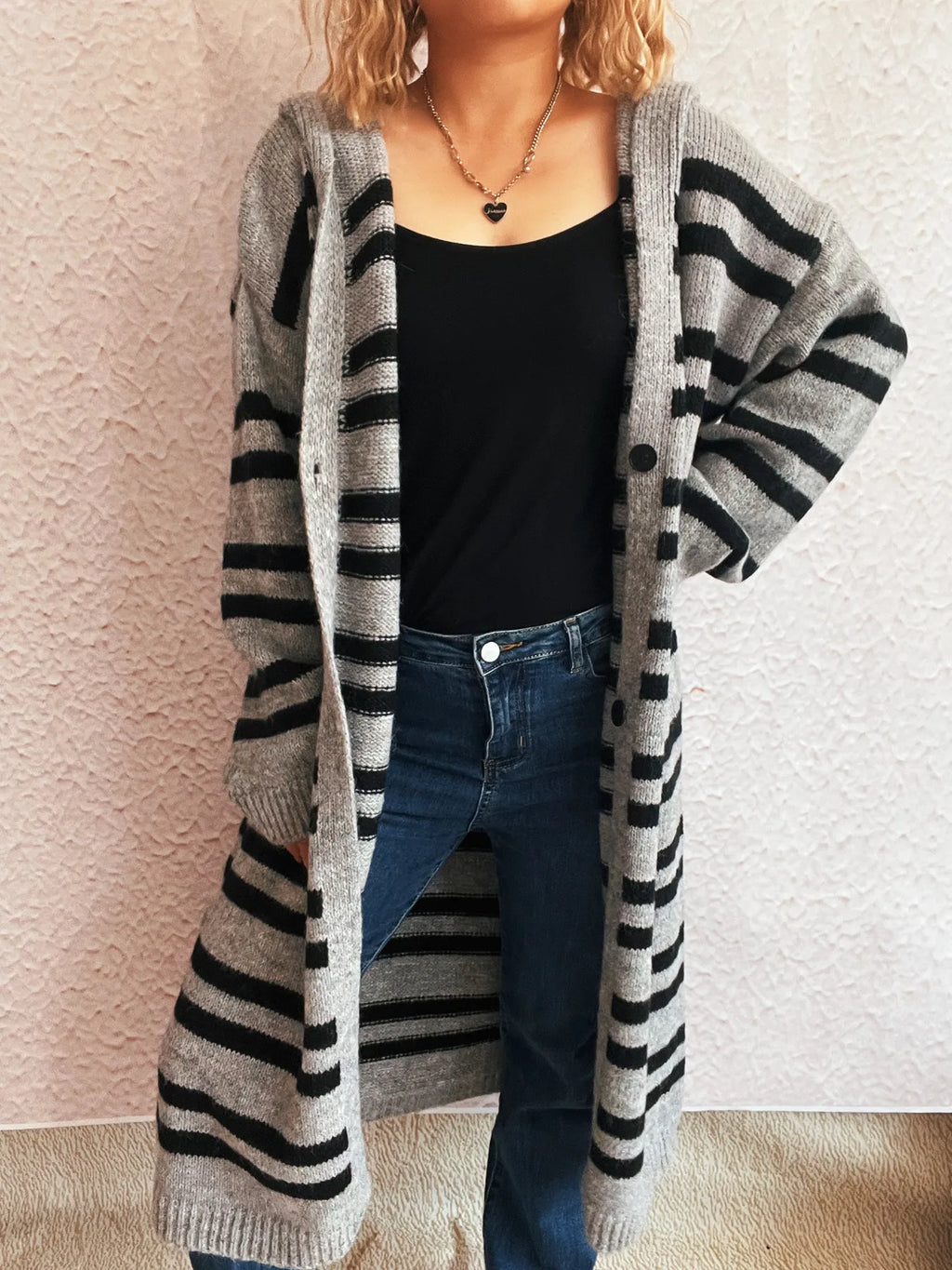 Striped Open Front Hooded Cardigan