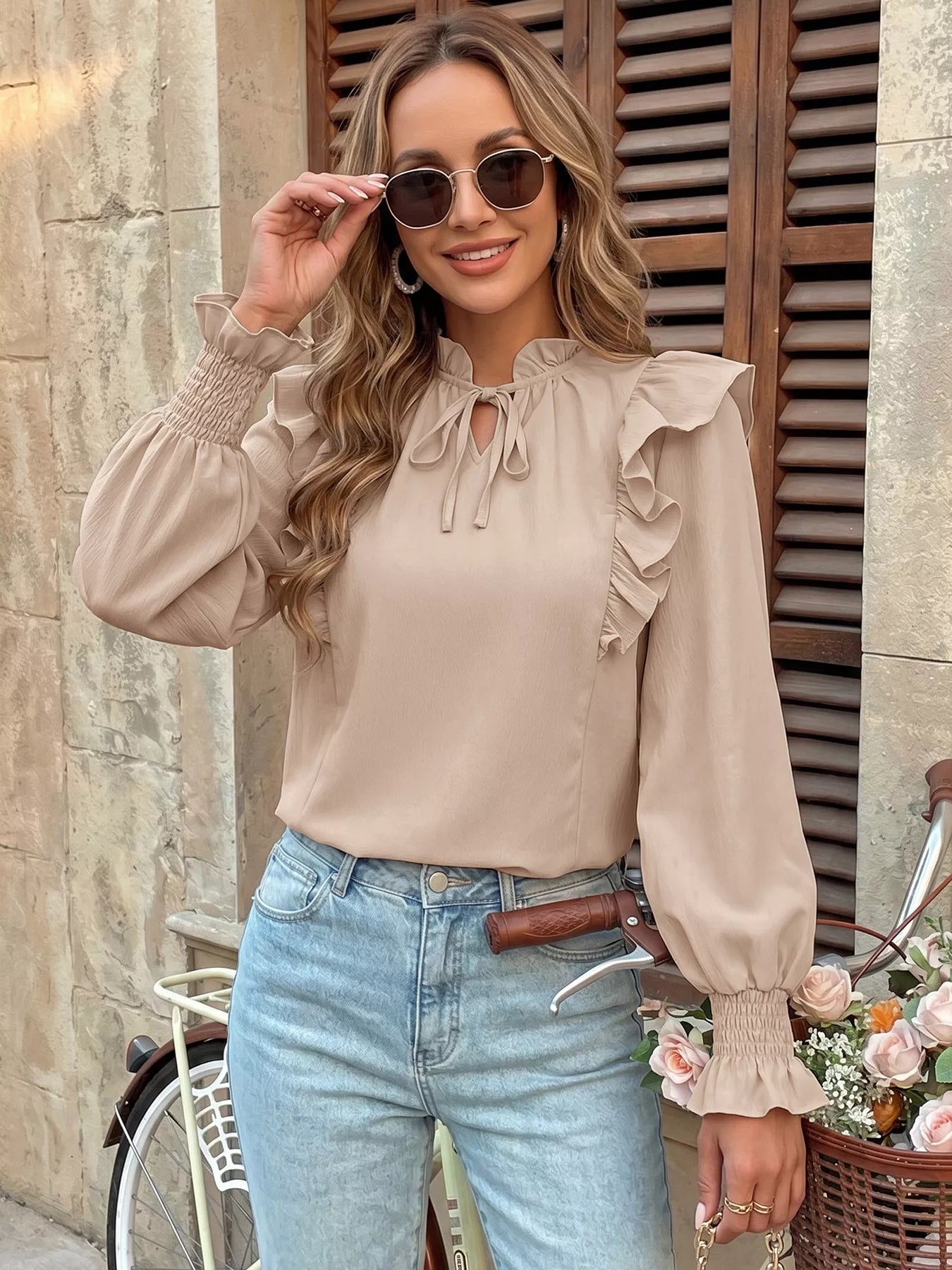 Ruffled Tie Neck Long Sleeve Blouse