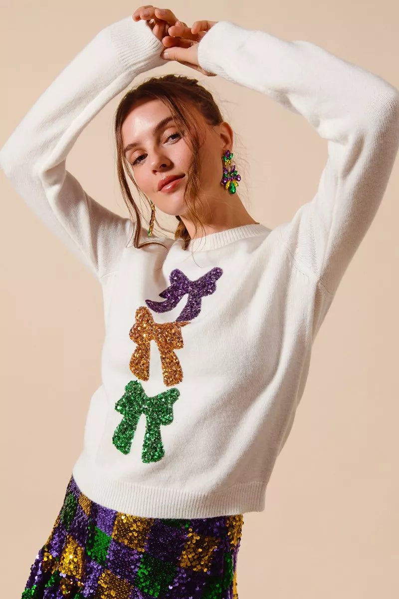 SO ME Mardi Gras Sequins Bow Ribbon Embellished Sweater
