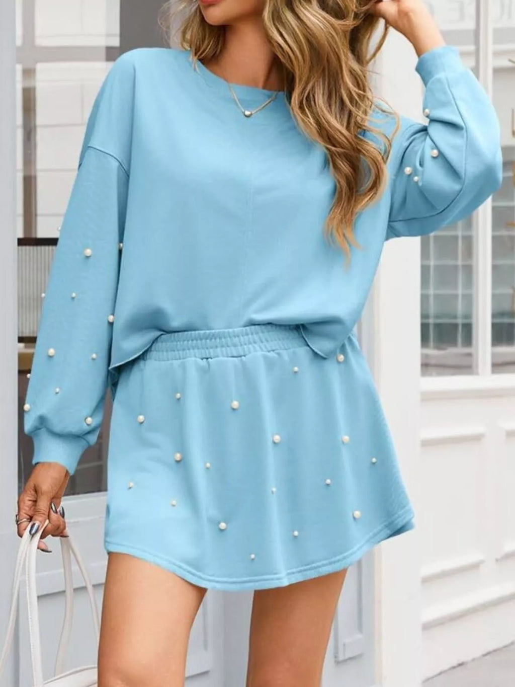Pearl Embellished Round Neck Top and Skort Set