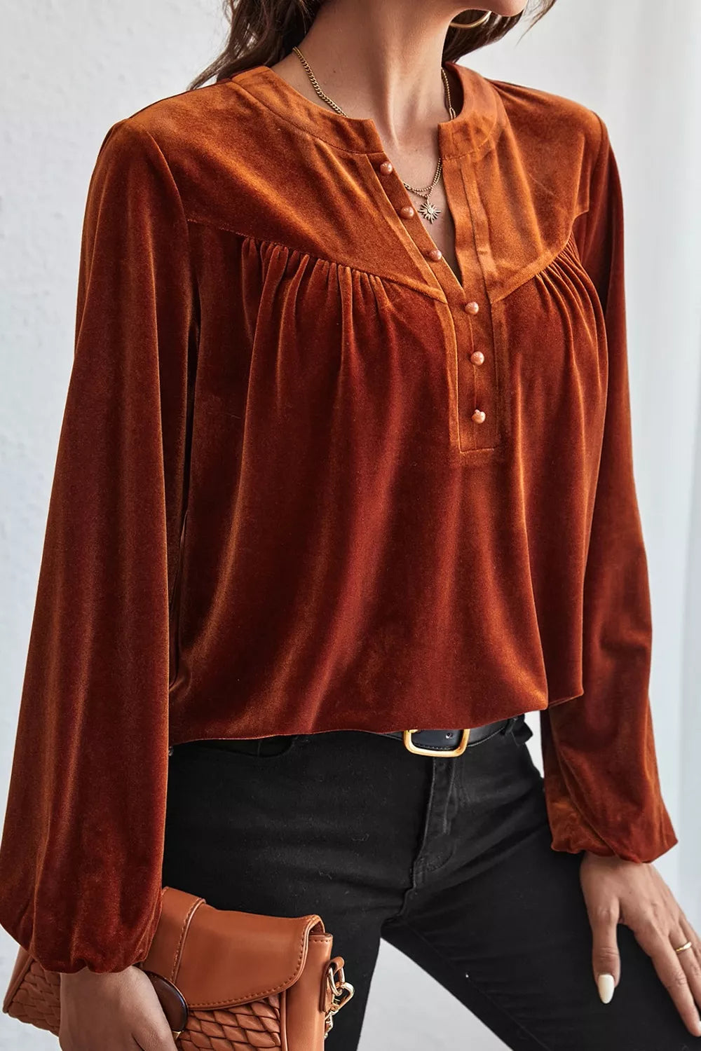 Velvet Button-Front Long Sleeve Blouse