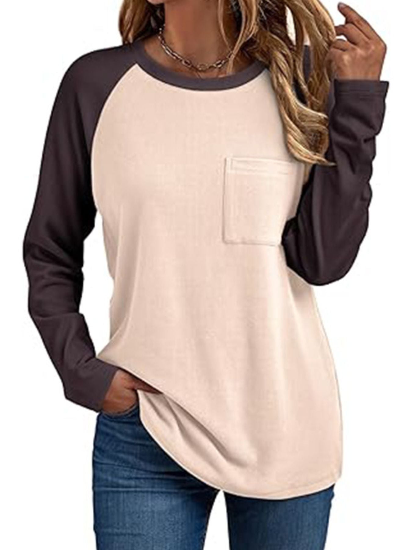 Round Neck Raglan Sleeve T-Shirt with Pocket