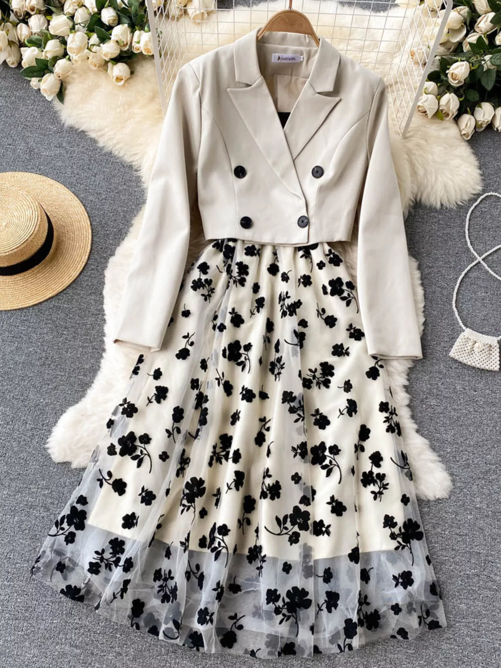 Floral Mesh Dress & Blazer Set
