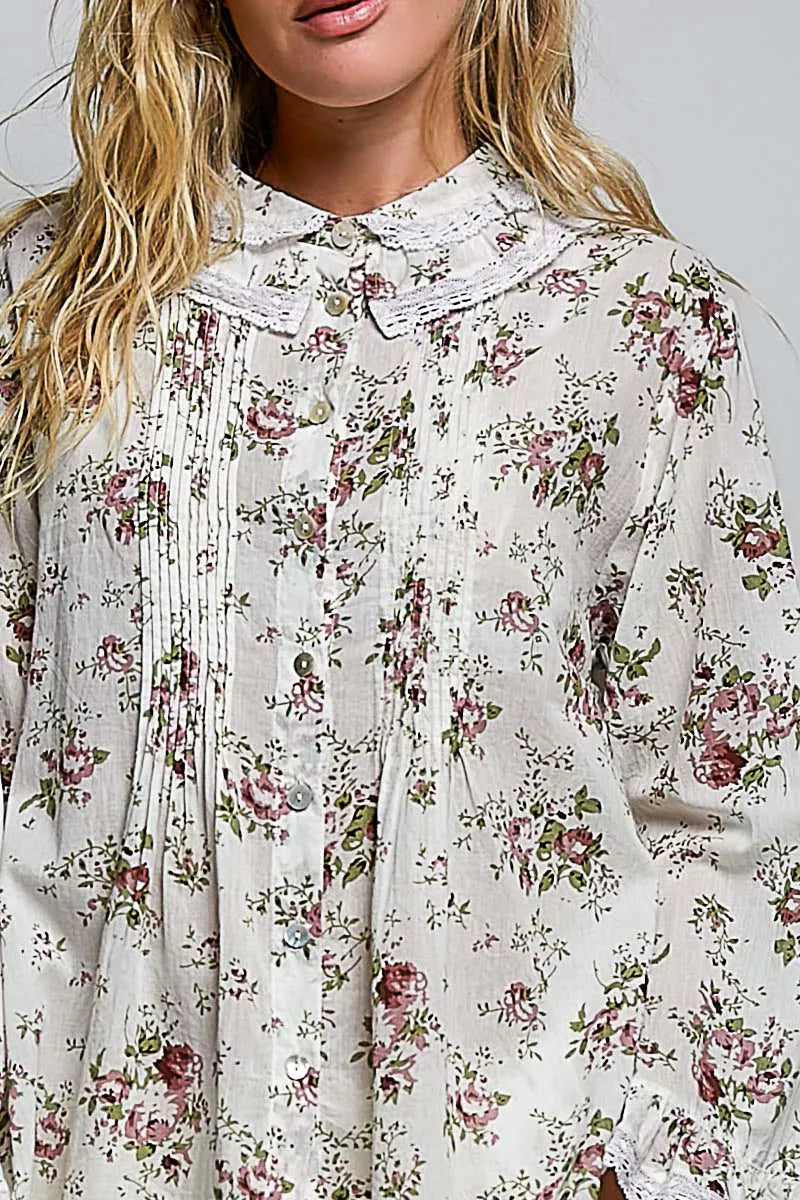 POL Floral Lace Trim Pintuck Button-Down Shirt