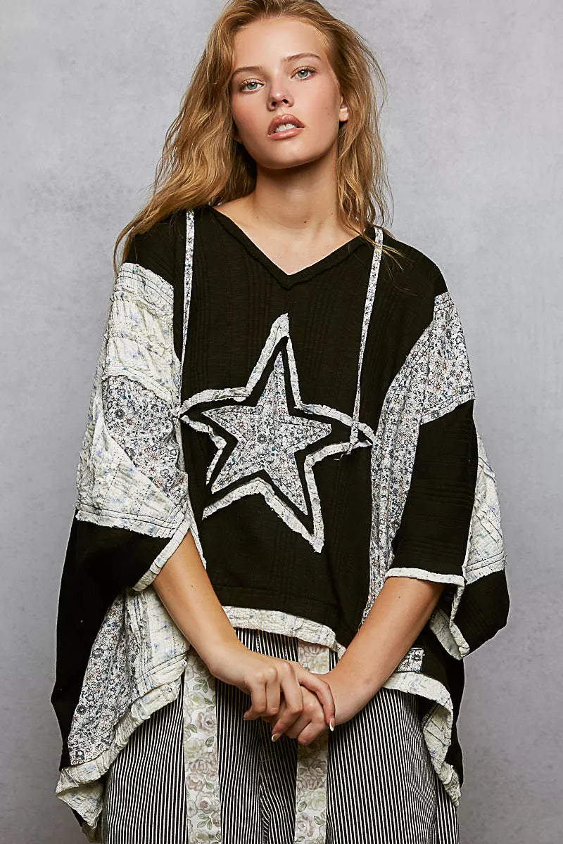 POL Floral Star Patch Hooded Blouse with Lace Contrast Detail