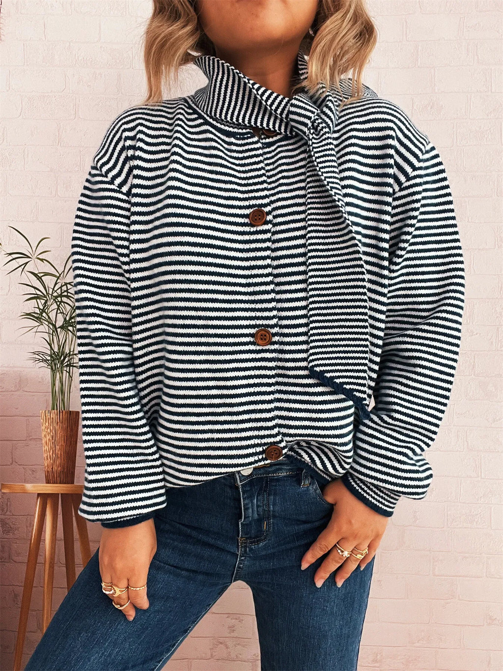 Striped Button Up Long Sleeve Cardigan