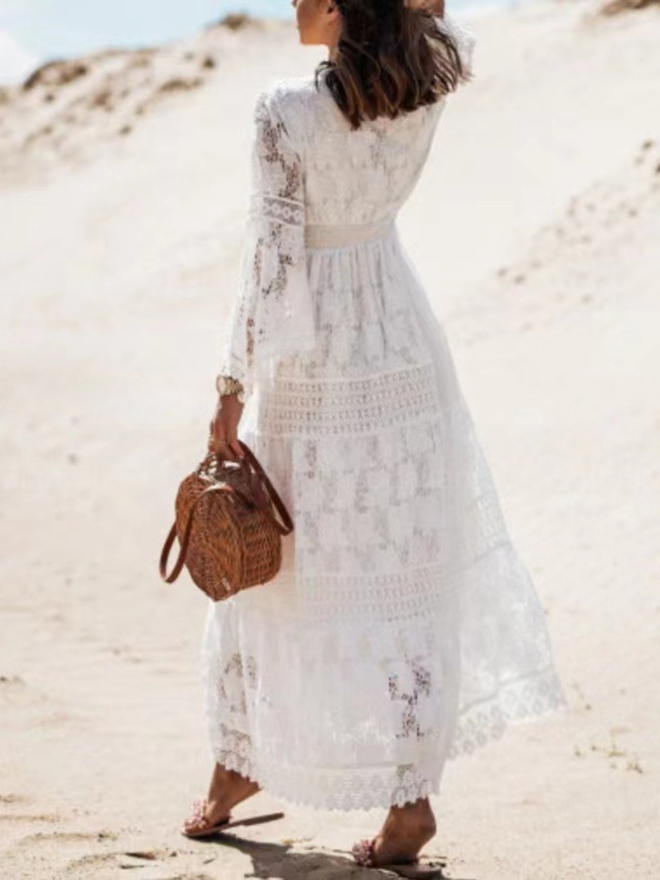 Bohemian Lace Maxi Dress with Bell Sleeves