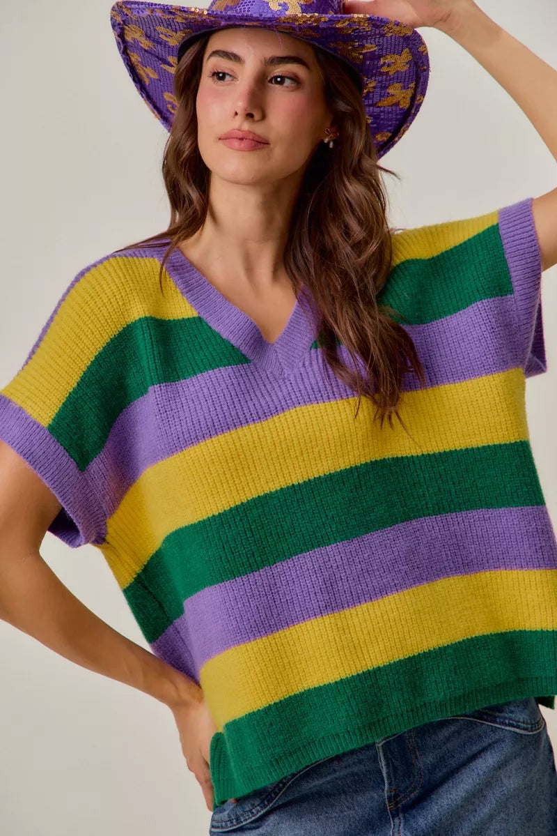 SO ME Mardi Gras Loose Fit V Neck Stripe Sweater Top