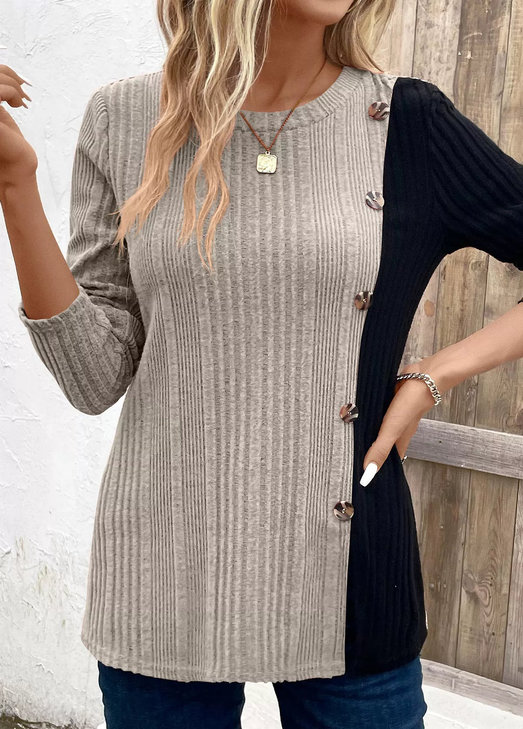 Color Block Ribbed Knit Decor Button T-Shirt