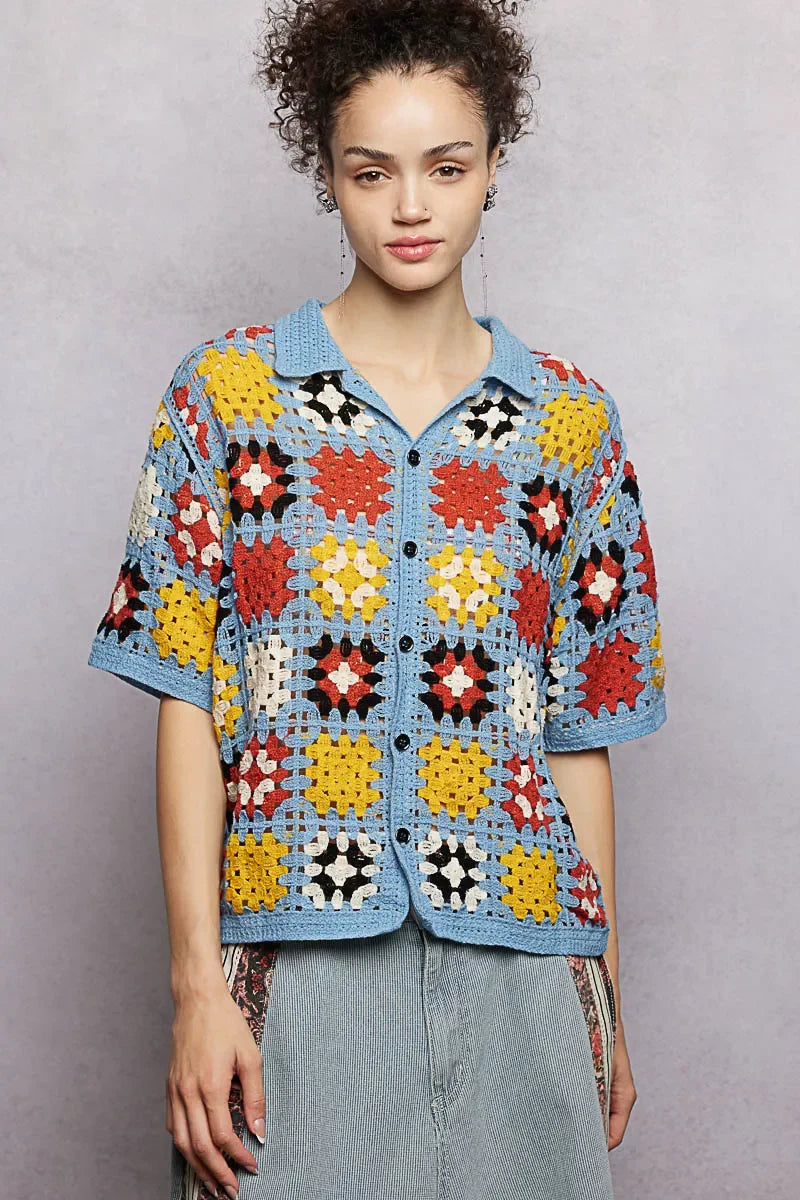 POL Crochet Short Sleeve Relaxed Fit Shirt