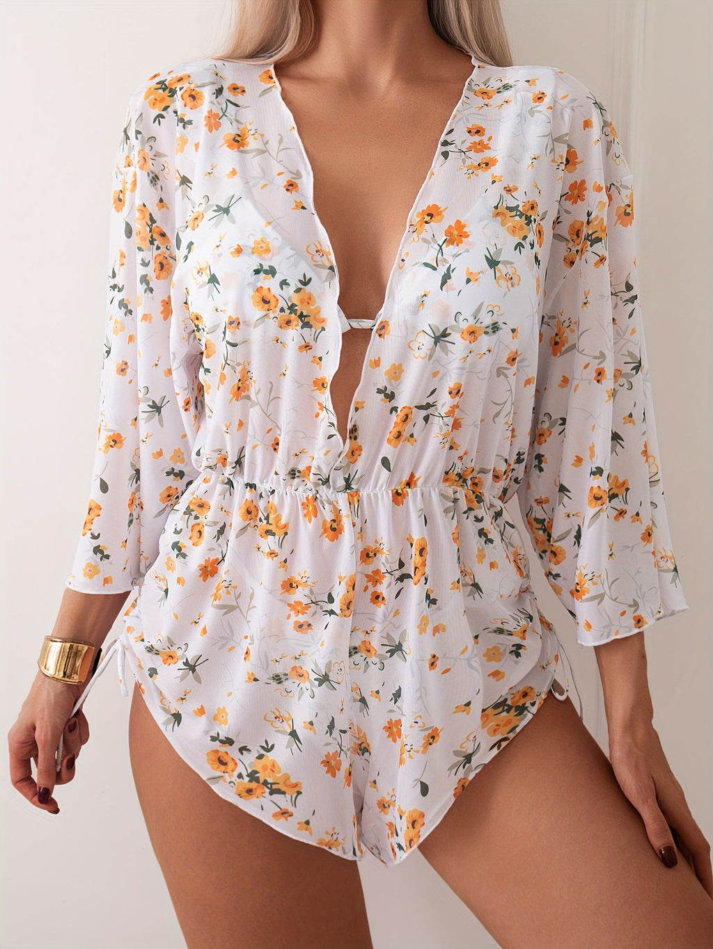 Ladies' fungus edge bikini sunscreen cover three piece swimsuit set