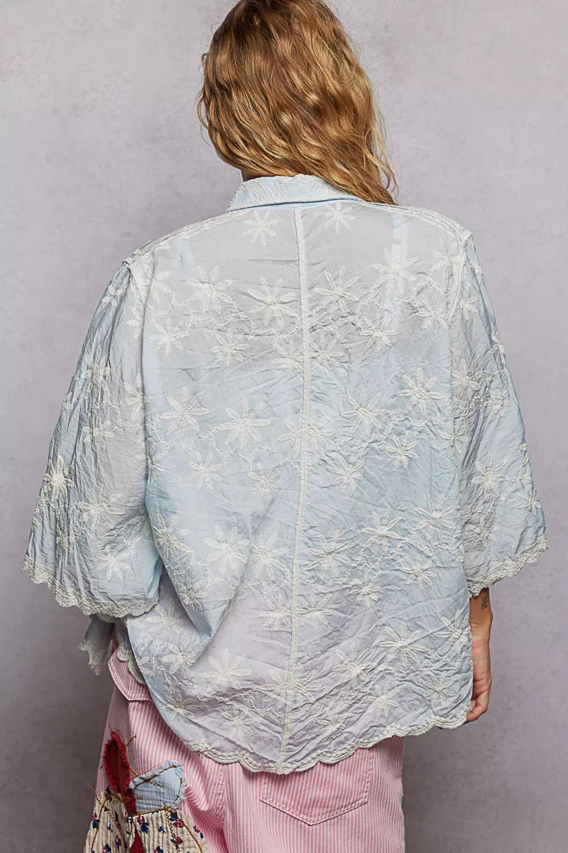 POL Embroidered Floral Collared Neck Shirt with Scalloped Edges