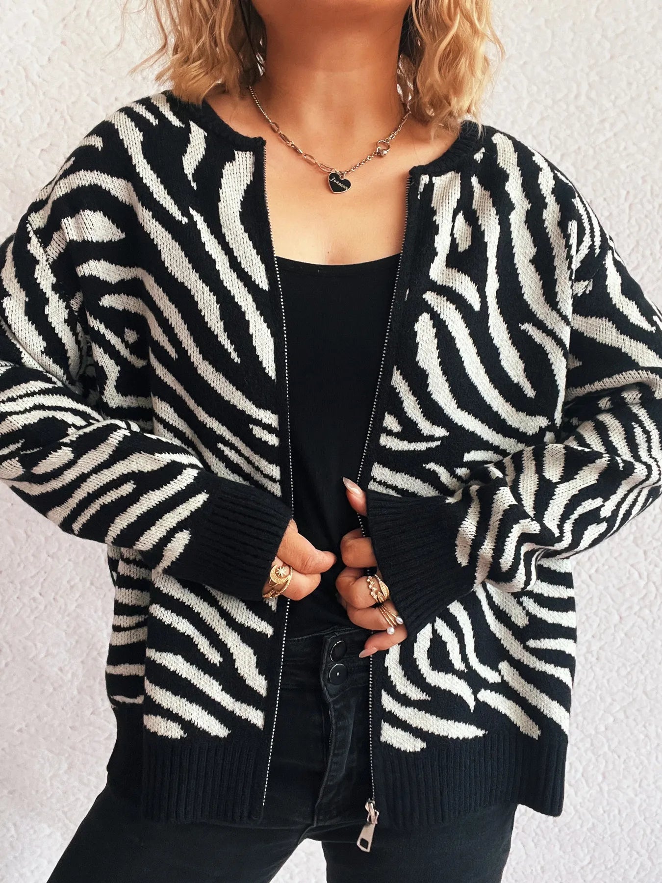Zebra Print Zip Up Cardigan