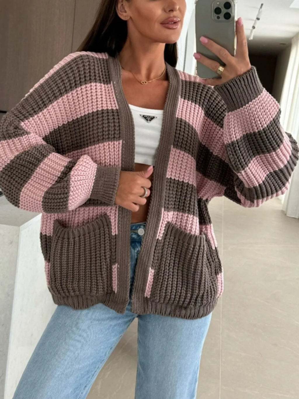 Striped Open Front Long Sleeve Cardigan