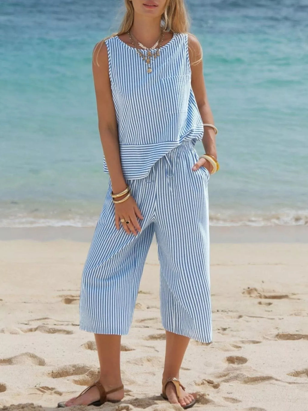 Striped Sleeveless Top and Cropped Pants Set