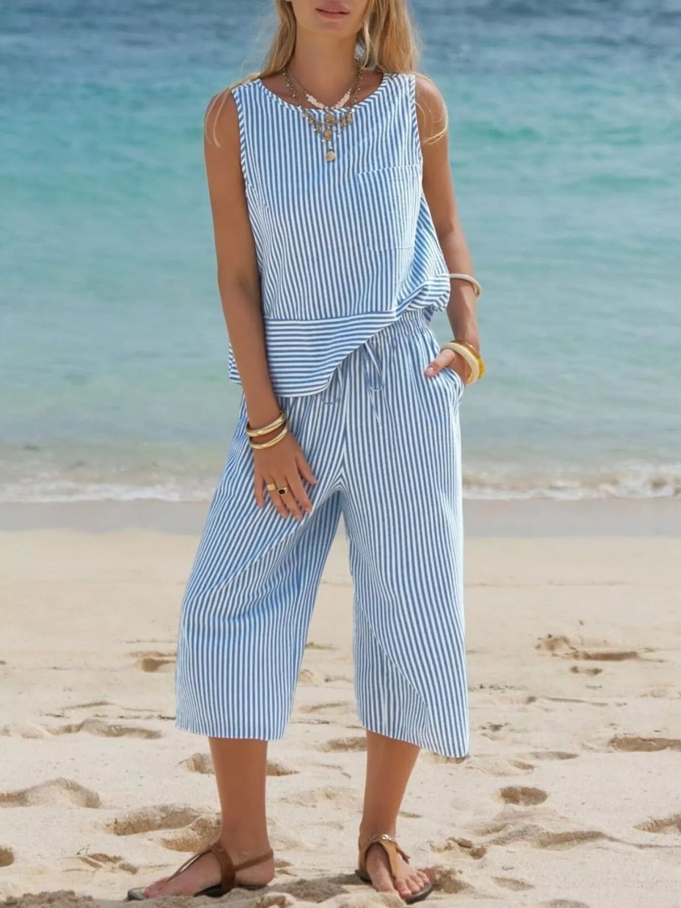 Striped Sleeveless Top and Cropped Pants Set