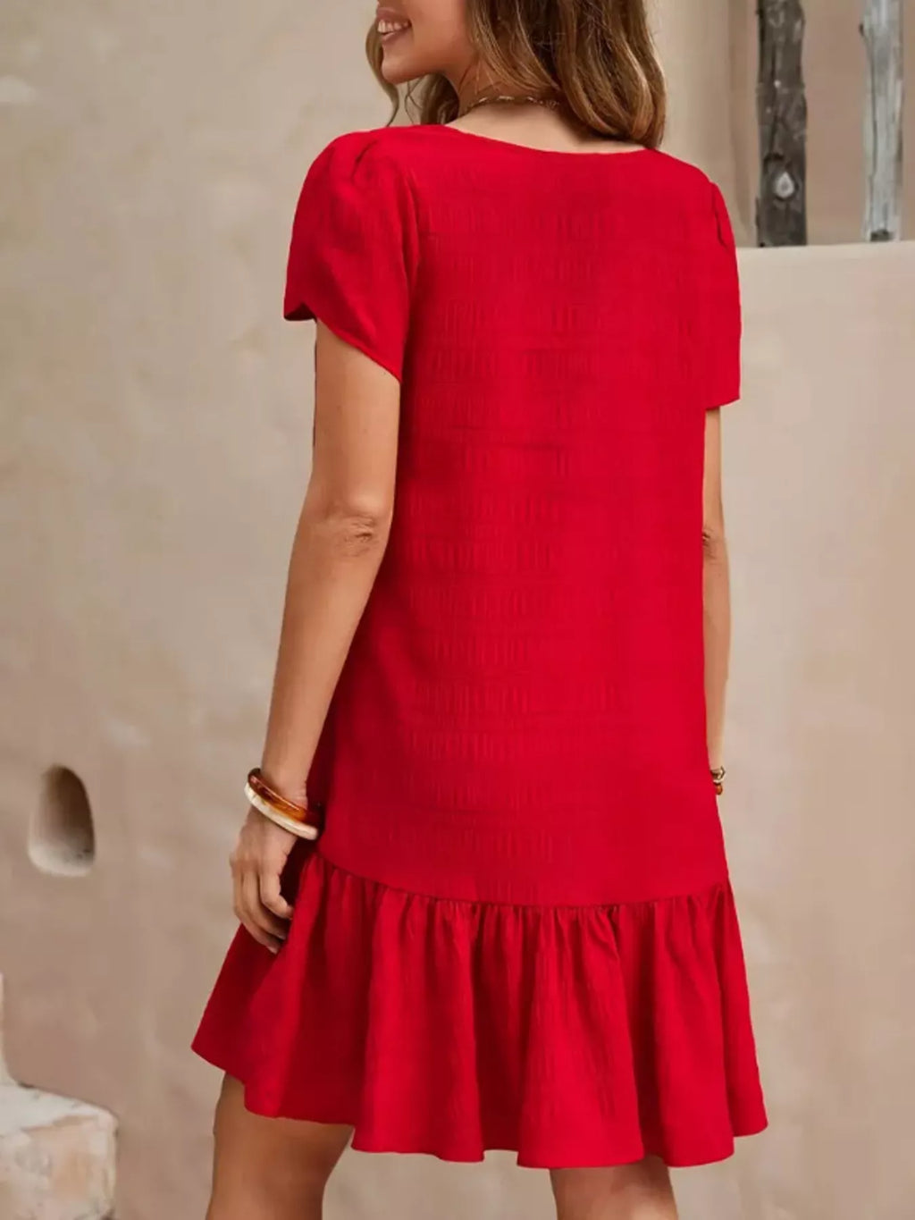 V-Neck Ruffle Hem Textured Mini Dress