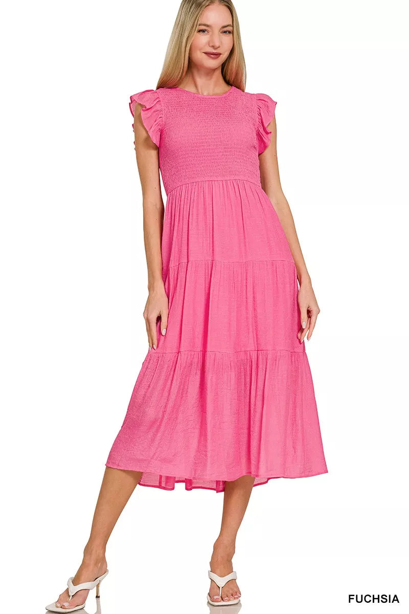 Zenana Woven Smocked Ruffle Sleeve Midi Dress