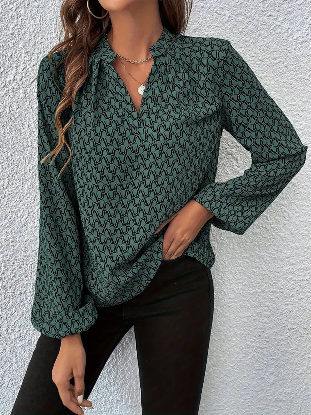 Printed Notched Balloon Sleeve Blouse