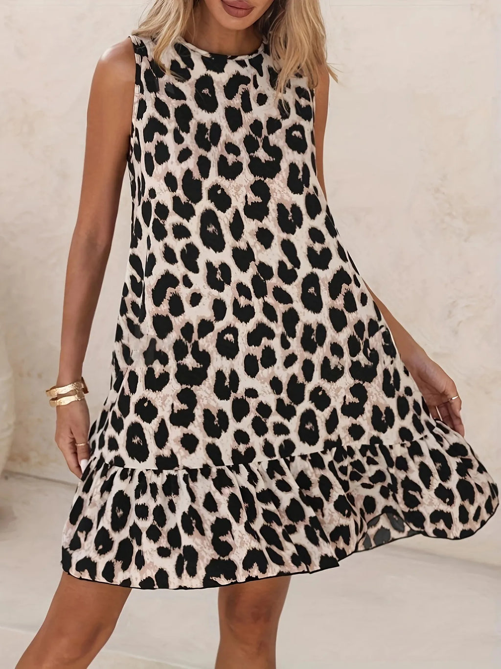 Ruffled Hem Leopard Sleeveless Dress