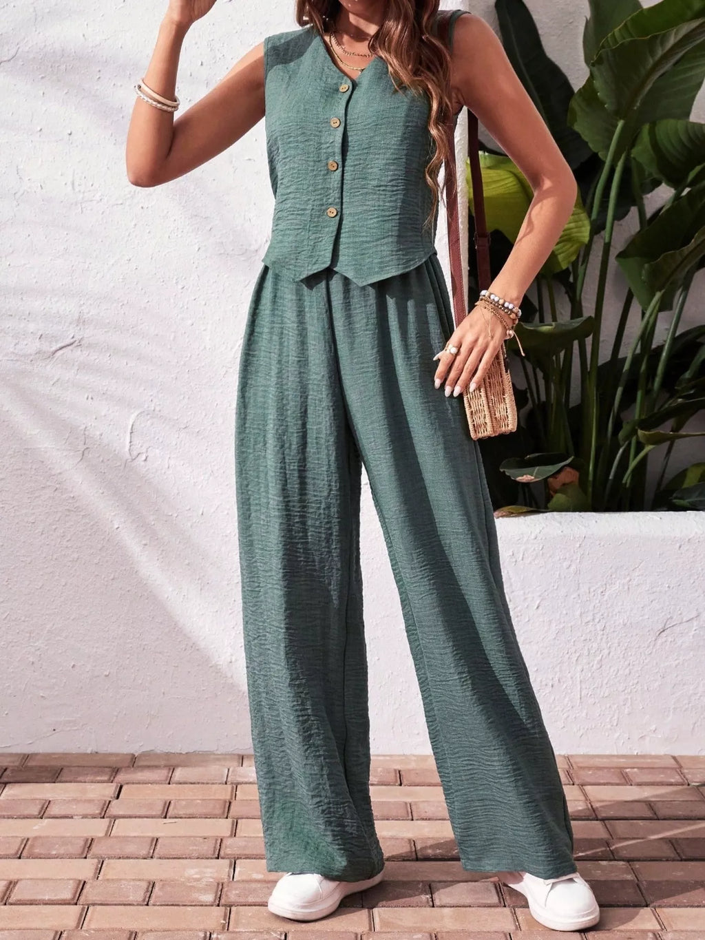 Button-Down Vest & Wide Leg Pants Set