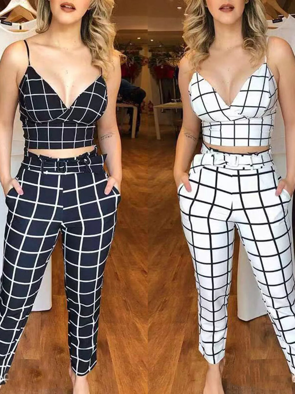Grid Print Crop Top and Pants Set