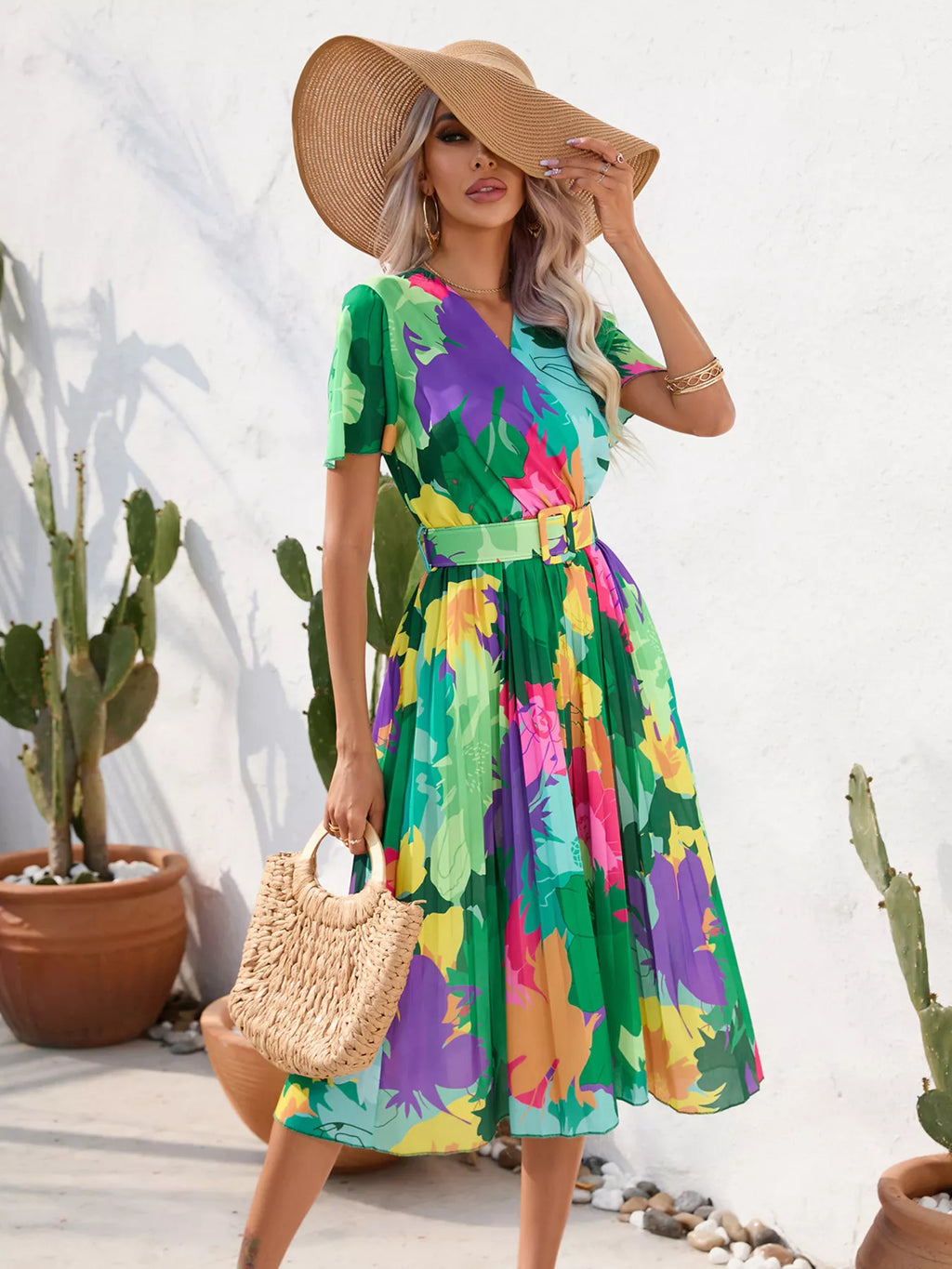 Pleated Tropical Print Belted Midi Dress