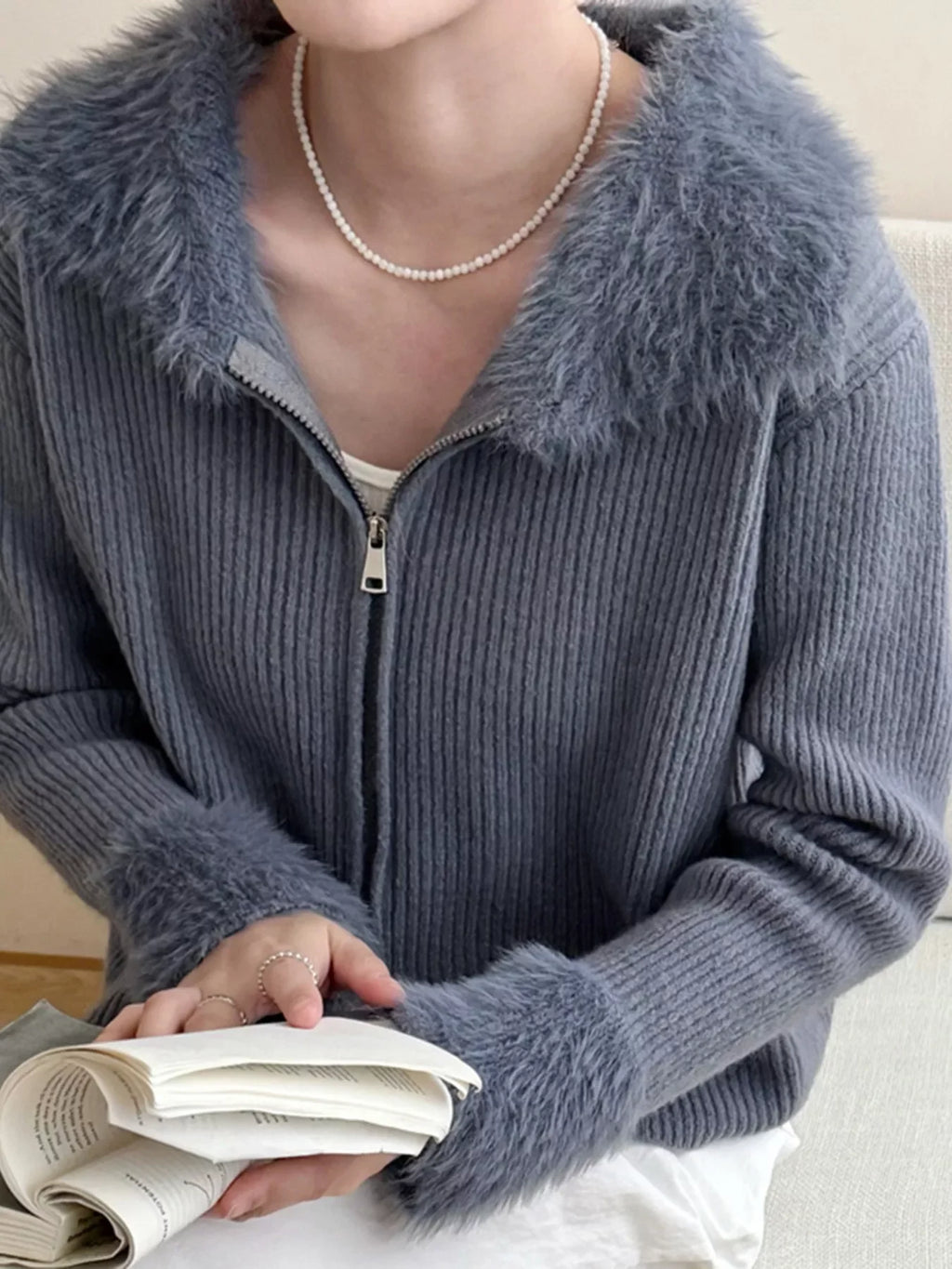Fluffy Trim Zip-Up Cardigan