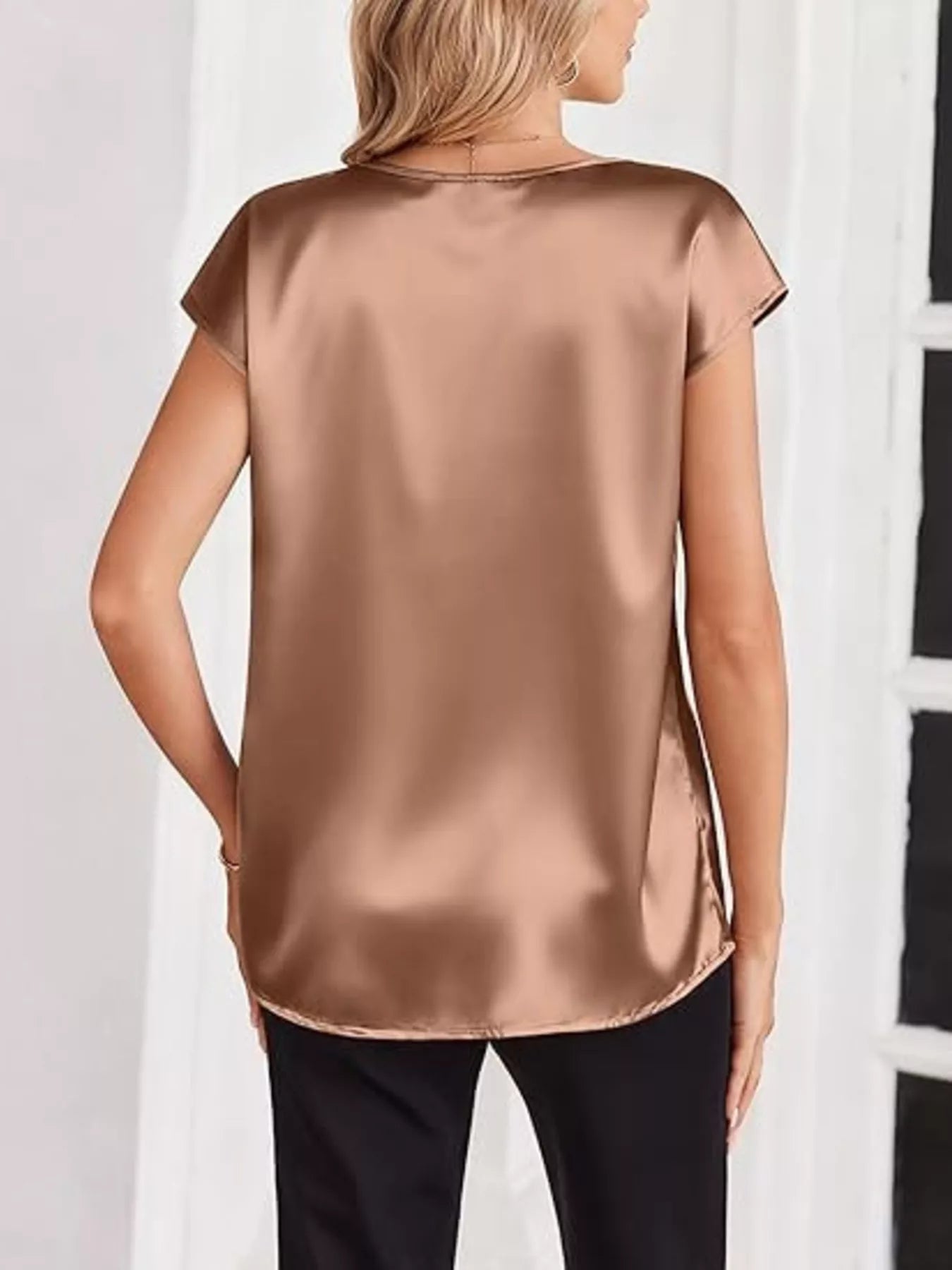 Satin V-Neck Short Sleeve Blouse