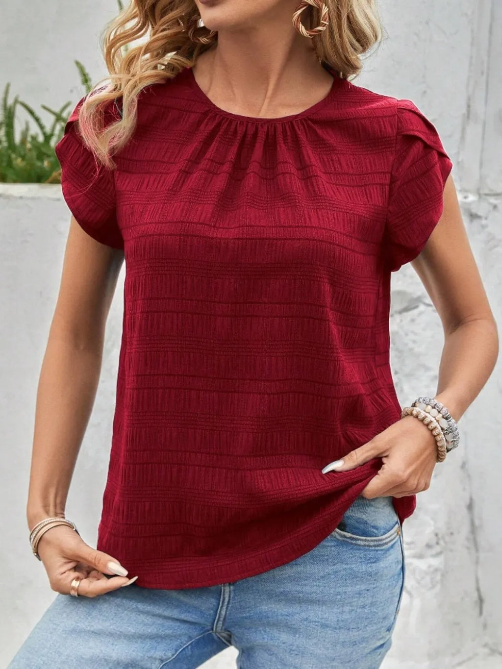 Round Neck Petal Sleeve Top