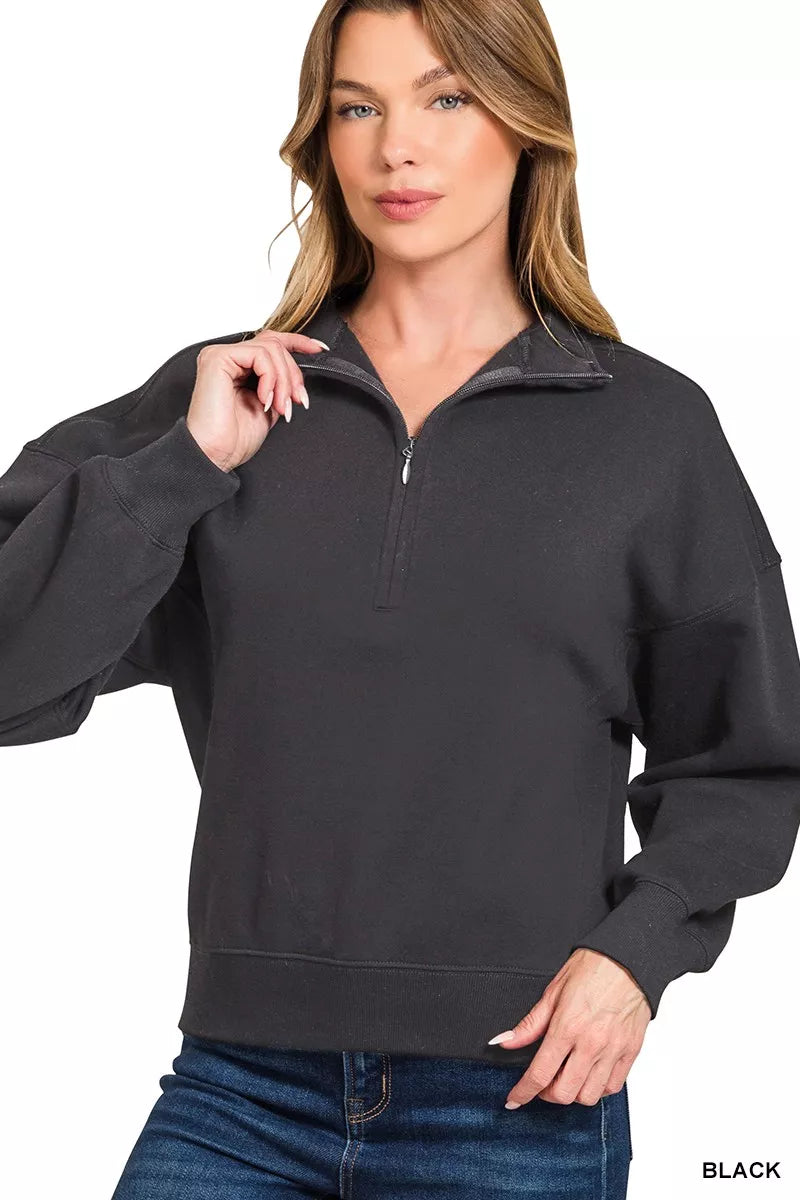 Zenana Fleece High Neck Half Zip Sweatshirt