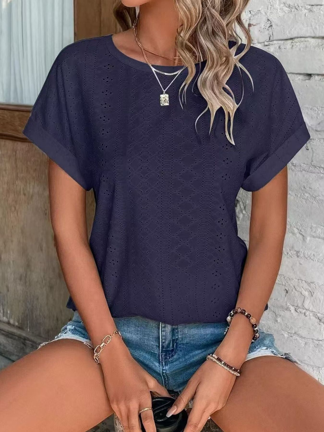 Eyelet Round Neck Short Sleeve Top